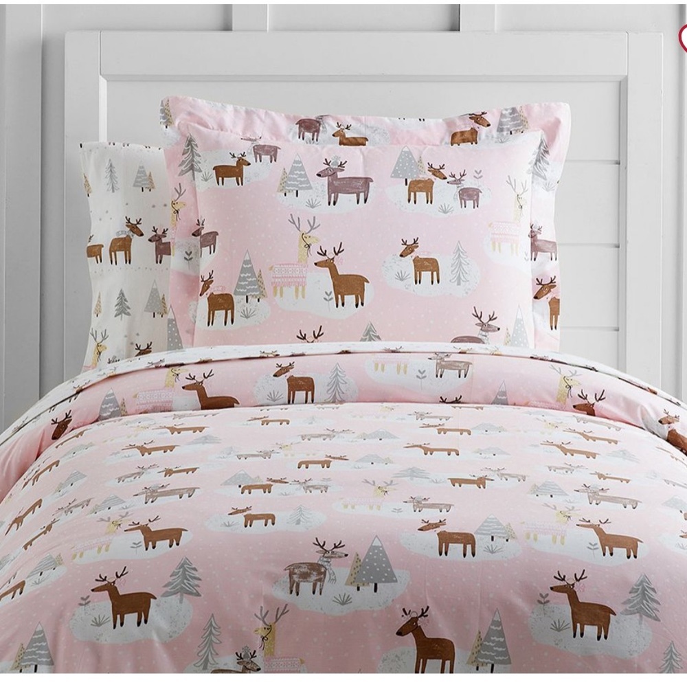 Pottery Barn Kids winter Pink blush Reindeer Duvet Cover and sham organic cotton
